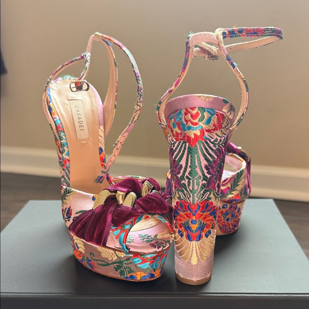 Casadei Pink and Purple Floral Platform Heels - Picture 2 of 6